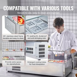 Työtason jäähdytetty lisäketaso ruostumattomasta teräksestä kuudella astiolla karkaistulla lasisuojalla