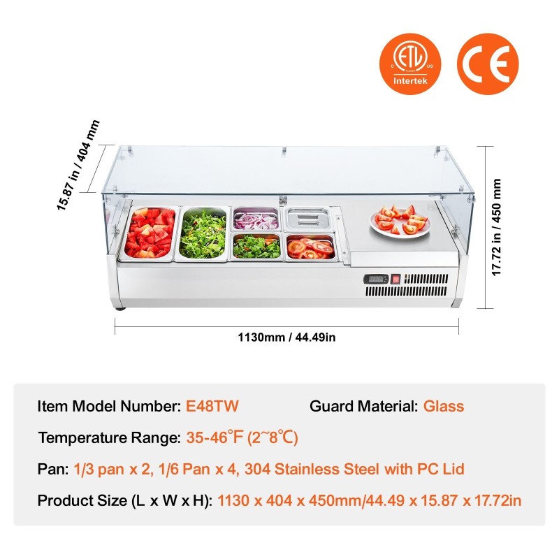 Työtason jäähdytetty lisäketaso ruostumattomasta teräksestä kuudella astiolla karkaistulla lasisuojalla
