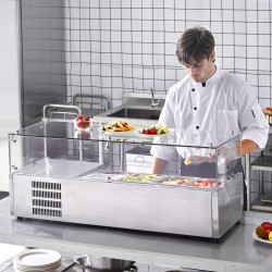 Työtason jäähdytetty lisäketaso ruostumattomasta teräksestä kuudella astiolla karkaistulla lasisuojalla