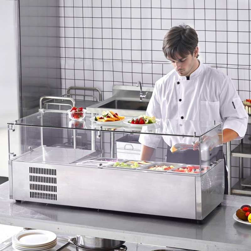 Työtason jäähdytetty lisäketaso ruostumattomasta teräksestä kuudella astiolla karkaistulla lasisuojalla