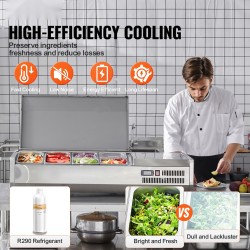 Jäähdytetty työtasoinen lisäkeasema 304-ruostumatonta terästä polykarbonaattikansilla kahdella 1/3-astiolla ja neljällä