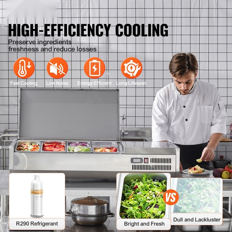 Jäähdytetty työtasoinen lisäkeasema 304-ruostumatonta terästä polykarbonaattikansilla kahdella 1/3-astiolla ja neljällä