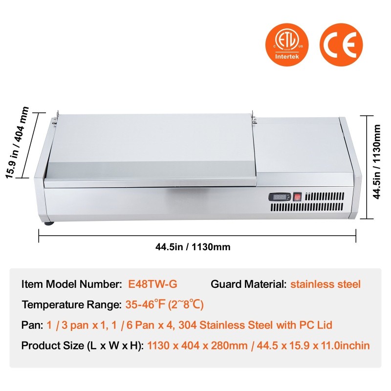 Jäähdytetty työtasoinen lisäkeasema 304-ruostumatonta terästä polykarbonaattikansilla kahdella 1/3-astiolla ja neljällä