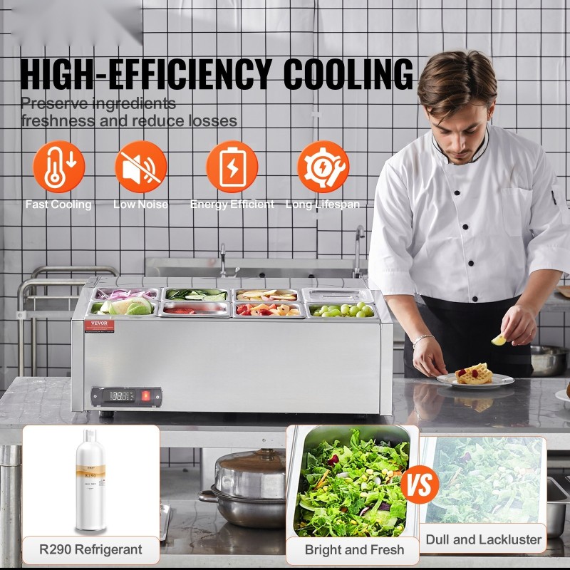 Jäähdytetty maustepiste työtasolle 8 kpl 1/6-astioita 304-ruostumatonta terästä PC-kansilla