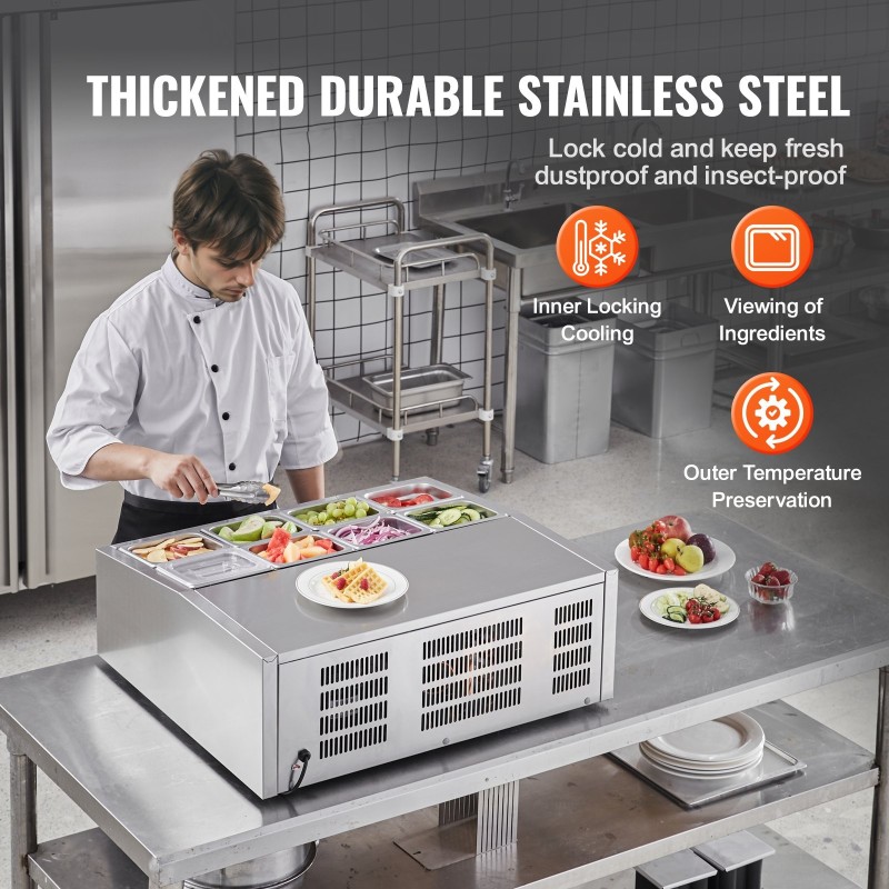 Jäähdytetty maustepiste työtasolle 8 kpl 1/6-astioita 304-ruostumatonta terästä PC-kansilla