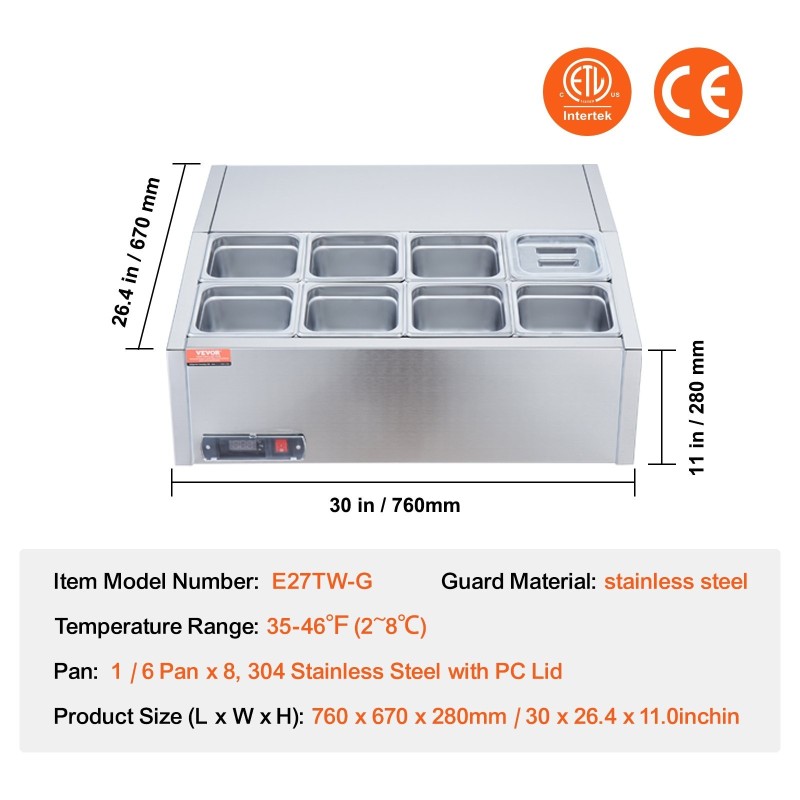 Jäähdytetty maustepiste työtasolle 8 kpl 1/6-astioita 304-ruostumatonta terästä PC-kansilla