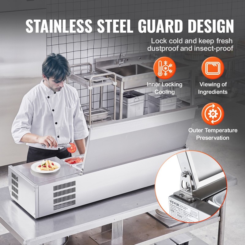 Työtason jäähdytetty lisäkeasema 304-ruostumatonta terästä 3 kpl 1/3-astioita ja 4 kpl 1/6-astioita