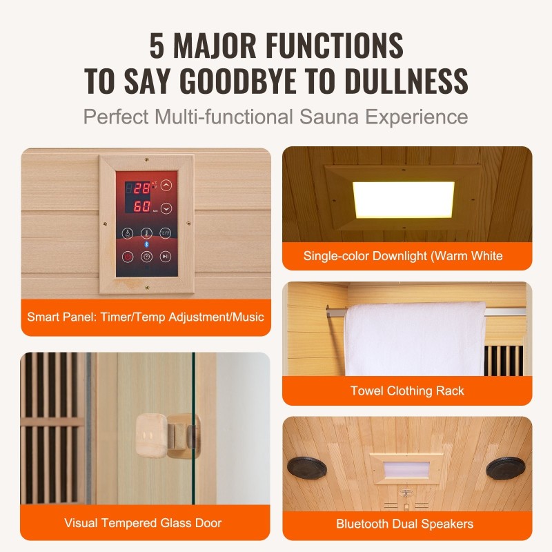 Kaukoinfrapunasauna hemlock-puusta yhdelle henkilölle karkaistu lasiovi LED-lukuvalo Bluetooth-kaiuttimet 1140W