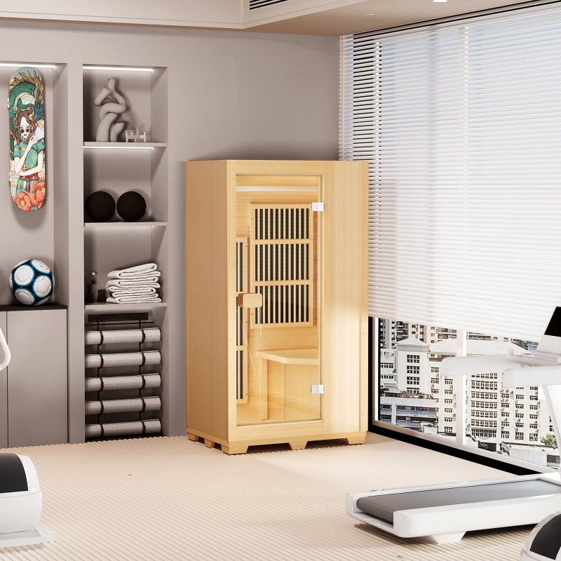 Kaukoinfrapunasauna hemlock-puusta yhdelle henkilölle karkaistu lasiovi LED-lukuvalo Bluetooth-kaiuttimet 1140W