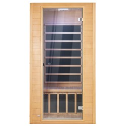 Kaukoinfrapunasauna puusta 1 2 henkilölle karkaistu lasiovi langattomat kaiuttimet kromoterapia valaistus
