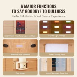 Kaukoinfrapunasauna puusta 1–2 henkilölle karkaistu lasiovi langattomat kaiuttimet kromoterapia-valaistus