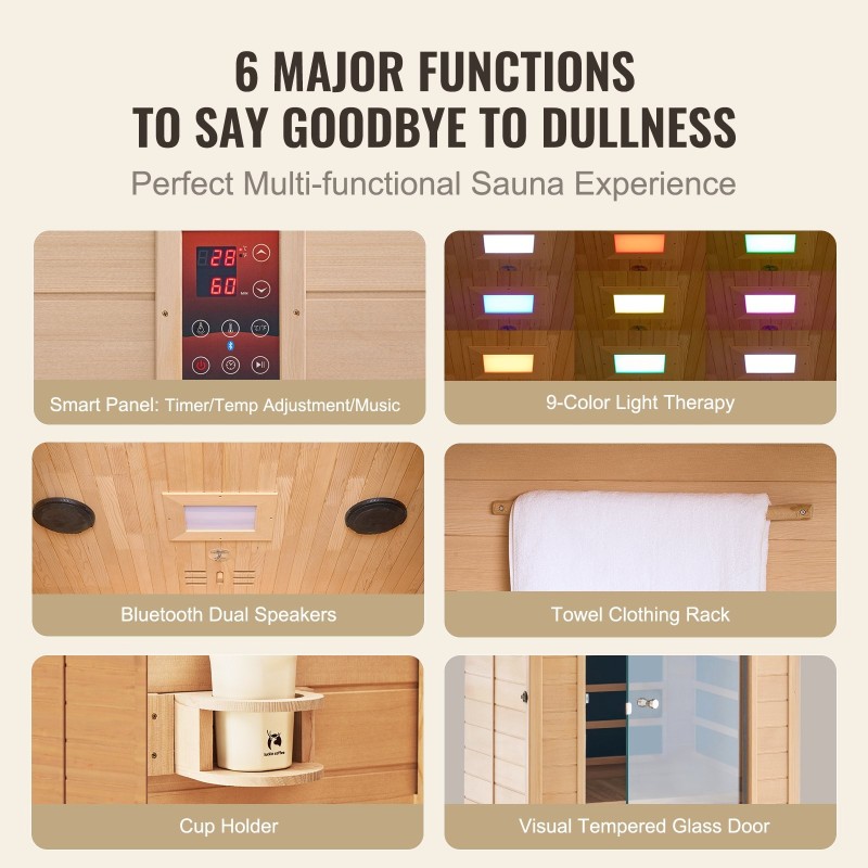 Kaukoinfrapunasauna puusta 1–2 henkilölle karkaistu lasiovi langattomat kaiuttimet kromoterapia-valaistus