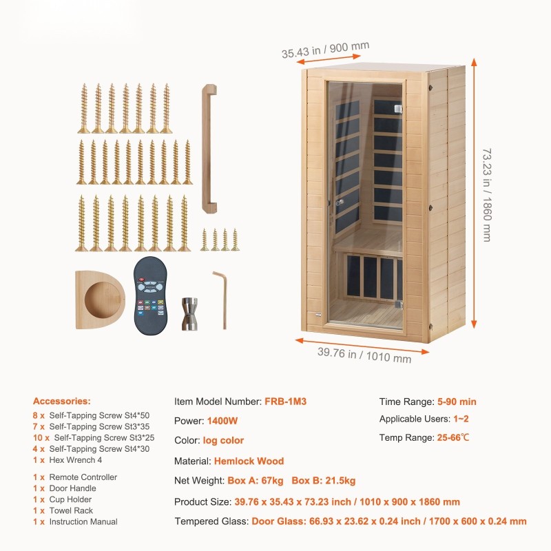 Kaukoinfrapunasauna puusta 1–2 henkilölle karkaistu lasiovi langattomat kaiuttimet kromoterapia-valaistus