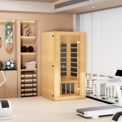 Kaukoinfrapunasauna puusta 1–2 henkilölle karkaistu lasiovi langattomat kaiuttimet kromoterapia-valaistus