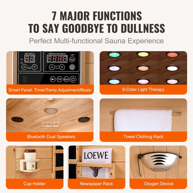 Kauko-infrapunasauna hemlock-puusta kahdelle sisäkäyttöön karkaistu lasiovi monivärinen LED-valaistus Bluetooth-kaiuttimet