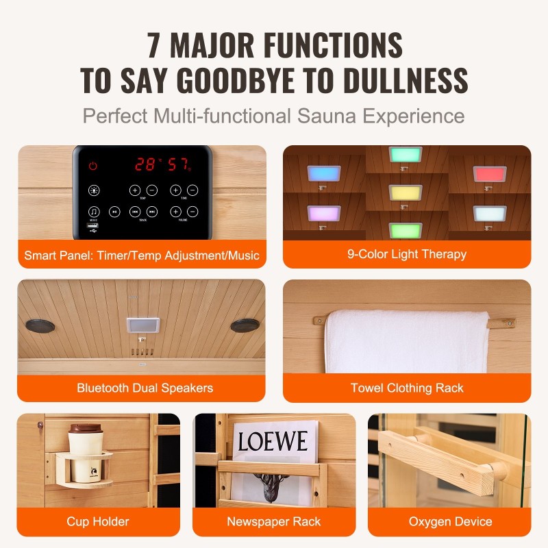 Kaukoinfrapunasauna hemlokkipuusta 3–4 henkilölle sisäkäyttöön karkaistu lasiovi langattomat kaiuttimet kromoterapia