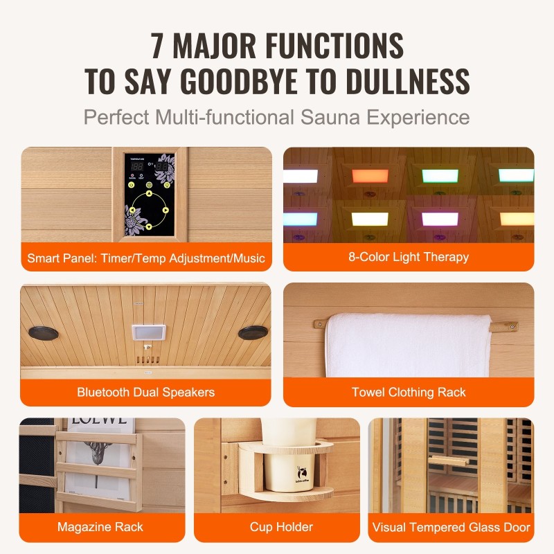 Kaukoinfrapunasauna hemlokkipuinen 3–4 hengelle 2580W karkaistu lasiovi langattomat kaiuttimet värivaloterapia