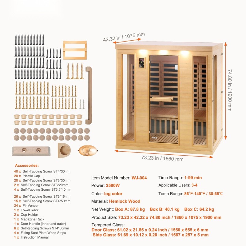 Kaukoinfrapunasauna hemlokkipuinen 3–4 hengelle 2580W karkaistu lasiovi langattomat kaiuttimet värivaloterapia