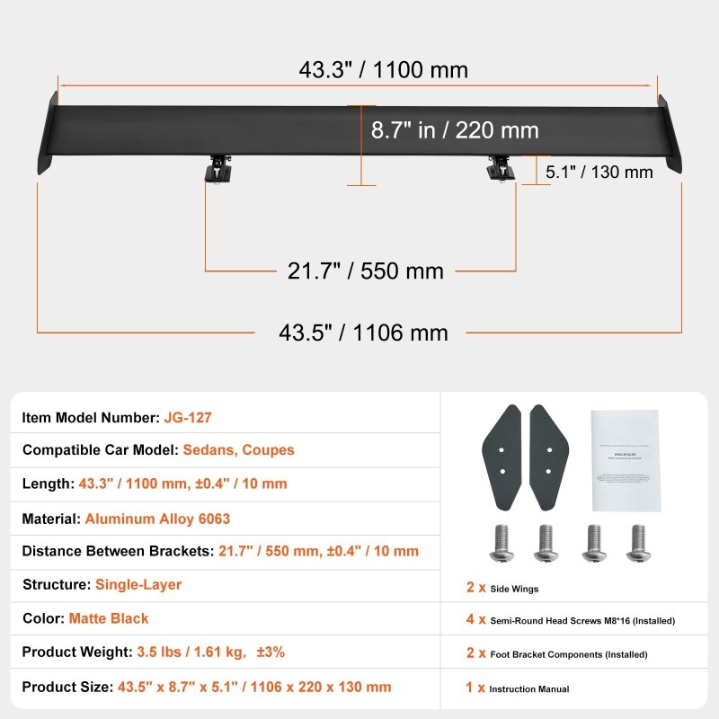 Takaspoileri alumiiniseos 1100 mm yksitasoinen mattamusta säädettävä sedaneihin ja coupéihin