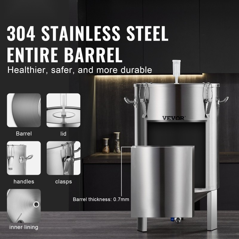 Käymisastia 304-ruostumattomasta teräksestä 60 l sisäänrakennetulla lämpömittarilla ja tiiviillä kannella