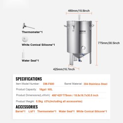 Käymisastia 304-ruostumattomasta teräksestä 60 l sisäänrakennetulla lämpömittarilla ja tiiviillä kannella