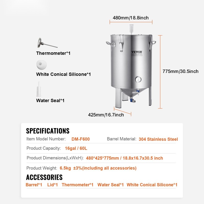 Käymisastia 304-ruostumattomasta teräksestä 60 l sisäänrakennetulla lämpömittarilla ja tiiviillä kannella