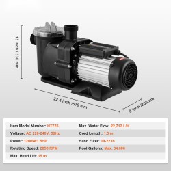 Yksinopeuksinen allaspumppu 1,5HP 1118W 378 l/min 15 m nostokorkeus vahvistettu PP-muovirunko suodatinkori
