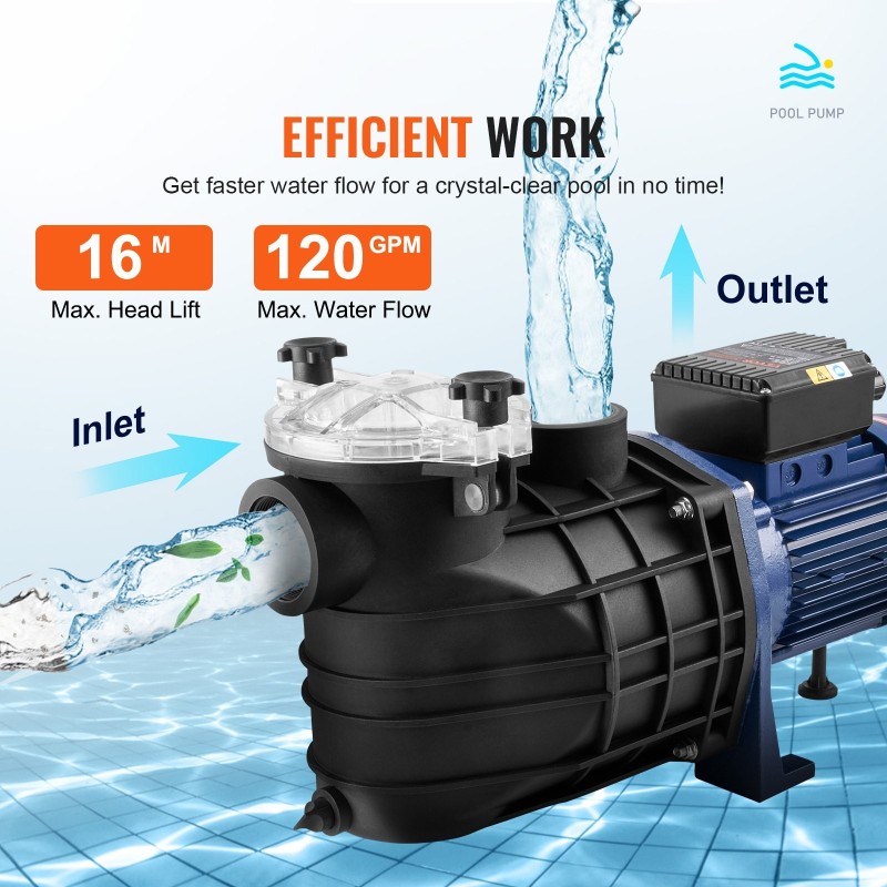 Allaspumppu PP runko 2.5HP 1900W 454 L/min 16 m nostokorkeus maanpäällisille altaille