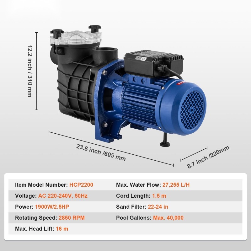 Allaspumppu PP runko 2.5HP 1900W 454 L/min 16 m nostokorkeus maanpäällisille altaille