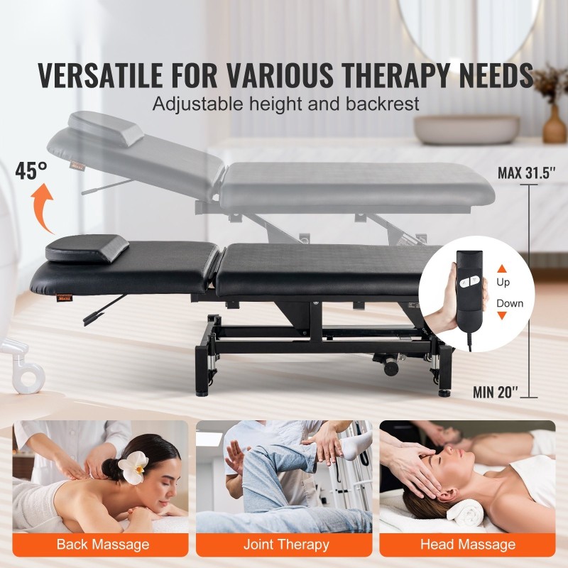 Sähkökäyttöinen hieronta ja hoitopöytä PU-nahka 510–800 mm 0–45 asteen selkänojalla 250 kg