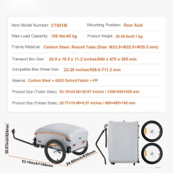 Polkupyörän tavaraperäkärry hiiliteräsrunko 45 kg kantavuus taittuva sopii 22–28 tuuman pyöriin