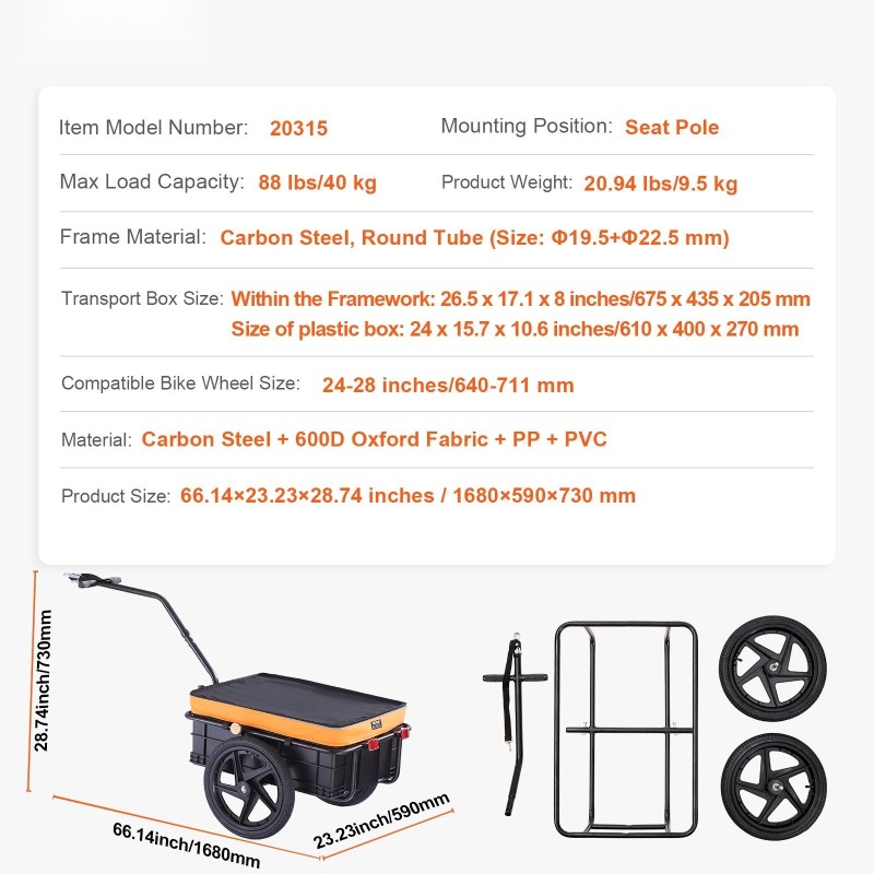 Polkupyörän tavaraperäkärry hiiliteräsrunko 40 kg kantavuus sopii 24–28 tuuman pyöriin