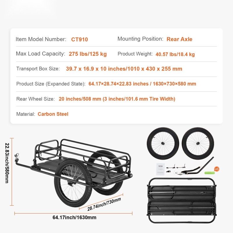 Pyörän tavaravaunu hiiliteräsrunko 125 kg kantavuus taitettava 20 tuuman pyörät yleiskiinnike pikalukitus