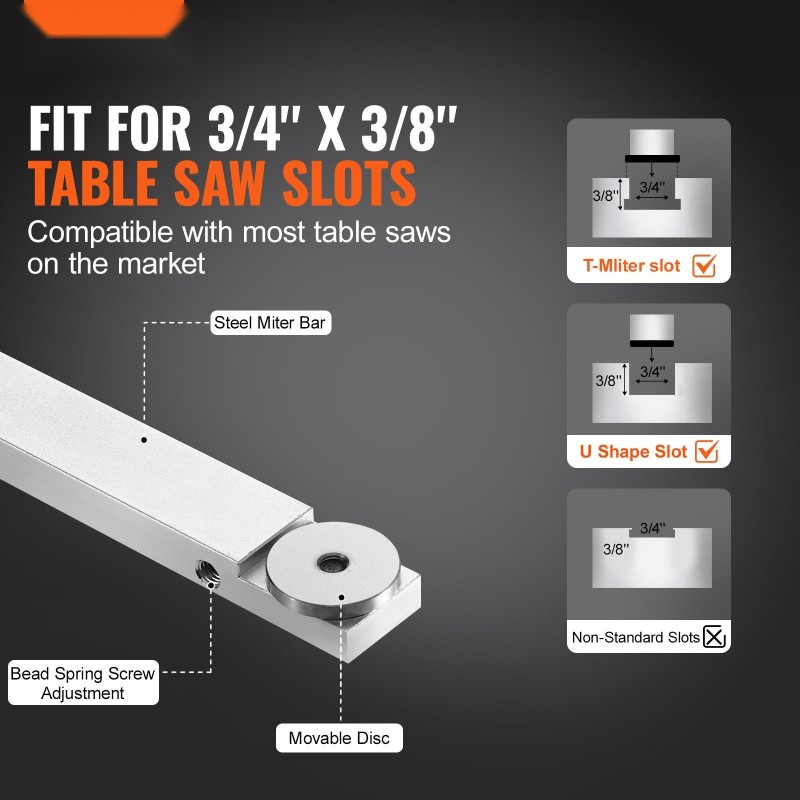 Jiiriohjain pöytäsahaan alumiiniseos standardiseen 19 x 9,5 mm uraan 15 pysäytyskulmaa