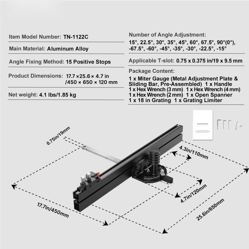 Jiiriohjain pöytäsahaan alumiiniseos standardiseen 19 x 9,5 mm uraan 15 pysäytyskulmaa