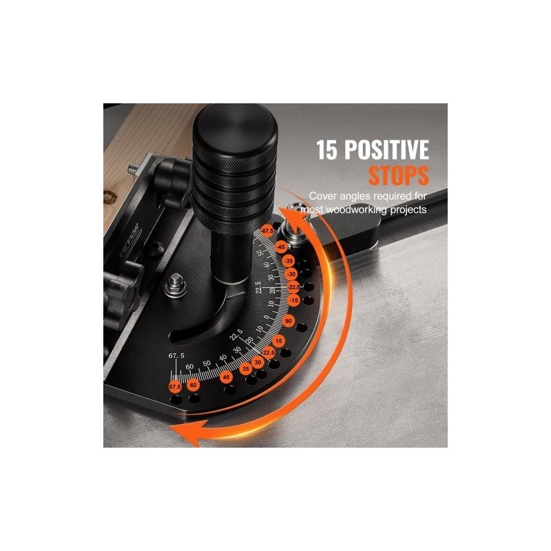 Pöytäsahan jiiri-ohjain alumiiniseos 19 x 9,5 mm vakiouriin 15 kulmapysäytystä