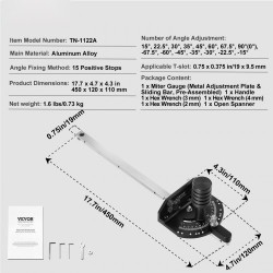Pöytäsahan jiiri-ohjain alumiiniseos 19 x 9,5 mm vakiouriin 15 kulmapysäytystä