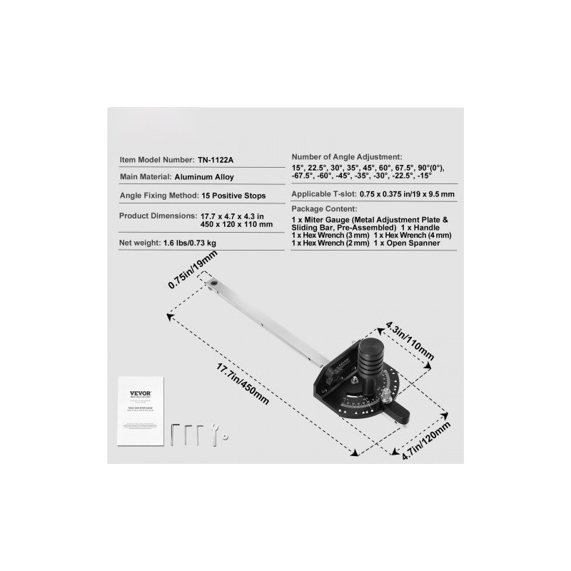 Pöytäsahan jiiri-ohjain alumiiniseos 19 x 9,5 mm vakiouriin 15 kulmapysäytystä