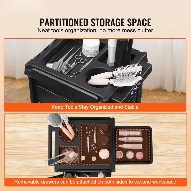 Salonkikärry musta PP-muovi, 6 irrotettavaa laatikkoa, 2 lukittavaa kantta, pyörillä