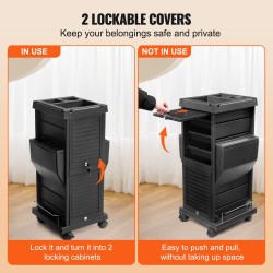 Salonkikärry musta PP-muovi, 6 irrotettavaa laatikkoa, 2 lukittavaa kantta, pyörillä