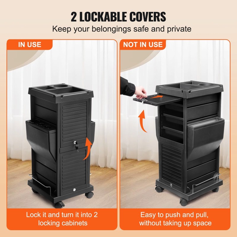 Salonkikärry musta PP-muovi, 6 irrotettavaa laatikkoa, 2 lukittavaa kantta, pyörillä