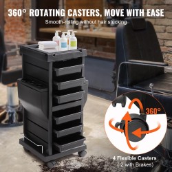 Salonkikärry musta PP-muovi, 6 irrotettavaa laatikkoa, 2 lukittavaa kantta, pyörillä