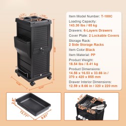 Salonkikärry musta PP-muovi, 6 irrotettavaa laatikkoa, 2 lukittavaa kantta, pyörillä