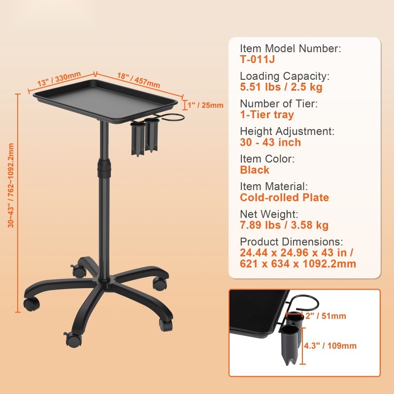 Rullaava salonkitarjovaunu kylmävalssattu teräs musta korkeussäädettävä 30–43 tuumaa 5 pyörää 2 lukittavaa