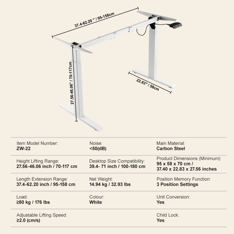Sähköpöydän runko valkoinen hiiliteräs säädettävä 70–117 cm 95–158 cm kotiin ja toimistoon