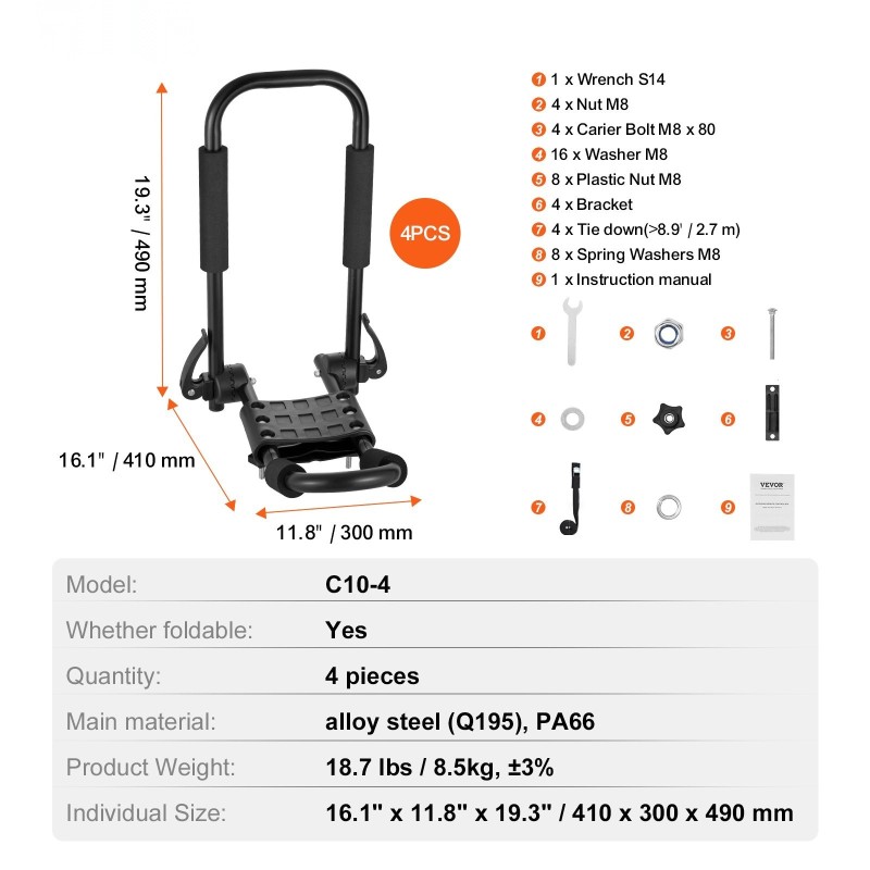 Kajakkiteline J-muotoinen seosteräs neljä telinettä kahdelle kajakille taittuva