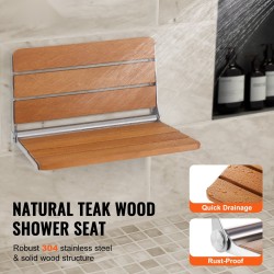 Seinään kiinnitettävä taitettava teak-puinen suihkuistuin 20,9×16 tuumaa 226,8 kg kantavuus