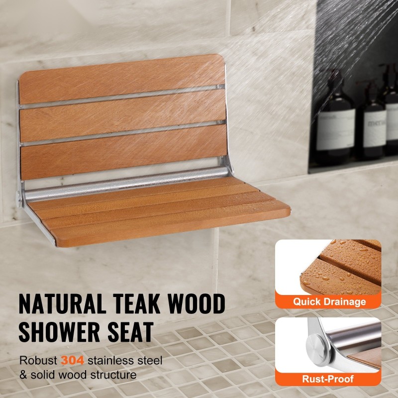 Seinään kiinnitettävä taitettava teak-puinen suihkuistuin 20,9×16 tuumaa 226,8 kg kantavuus