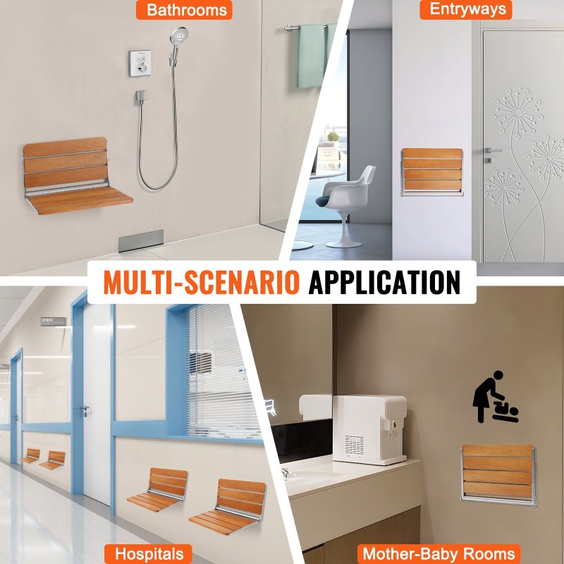 Seinään kiinnitettävä taitettava teak-puinen suihkuistuin 20,9×16 tuumaa 226,8 kg kantavuus