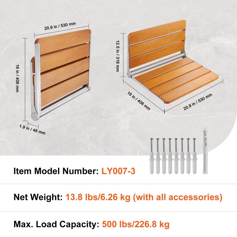 Seinään kiinnitettävä taitettava teak-puinen suihkuistuin 20,9×16 tuumaa 226,8 kg kantavuus